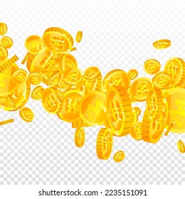 Korean won coins falling. Scattered gold WON coins. Korea money. Great business success concept. Square vector illustration.