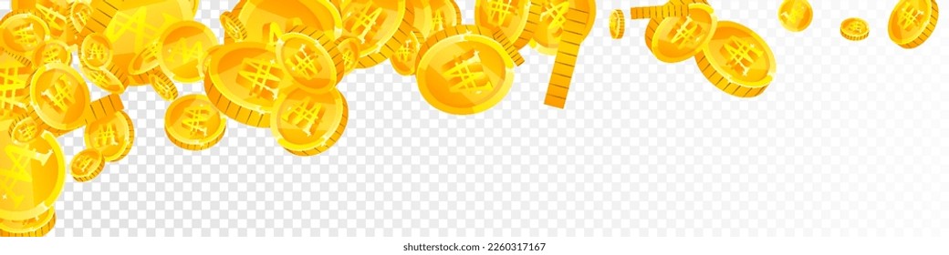Caen monedas de won coreanos. El oro esparcido ganó las monedas. Dinero coreano. Concepto de crisis financiera global. Ilustración de vector panorámica.
