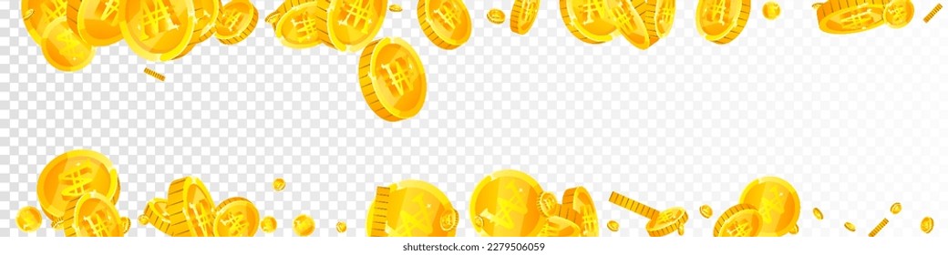 Korean won coins falling. Scattered gold WON coins. Korea money. Great business success concept. Panoramic vector illustration.