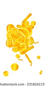 Korean won coins falling. Scattered gold WON coins. Korea money. Jackpot wealth or success concept. Vector illustration.