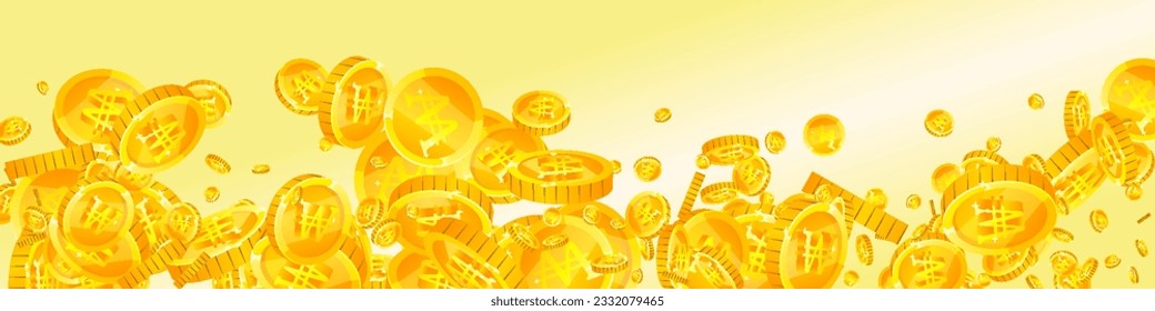 Korean won coins falling. Scattered gold WON coins. Korea money. Jackpot wealth or success concept. Panoramic vector illustration.