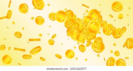 Korean won coins falling. Scattered gold WON coins. Korea money. Great business success concept. Wide vector illustration.