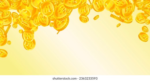 Caen monedas de won coreanos. El oro esparcido ganó las monedas. Dinero coreano. El concepto de riqueza o éxito del bote. Ilustración vectorial amplia.