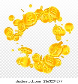 Korean won coins falling. Scattered gold WON coins. Korea money. Jackpot wealth or success concept. Square vector illustration.
