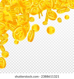 Korean won coins falling. Scattered gold WON coins. Korea money. Global financial crisis concept. Square vector illustration.