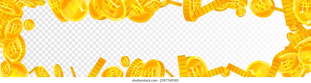 Korean won coins falling. Scattered gold WON coins. Korea money. Great business success concept. Panoramic vector illustration.