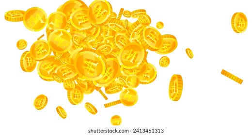 Korean won coins falling. Scattered gold WON coins. Korea money. Global financial crisis concept. Wide vector illustration.