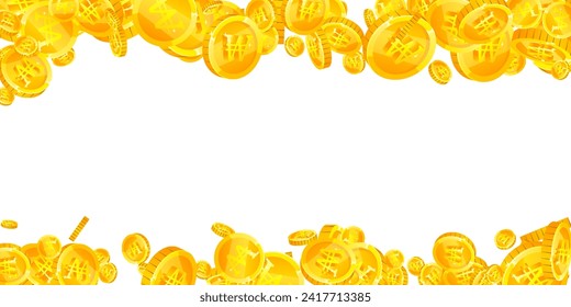 Korean won coins falling. Scattered gold WON coins. Korea money. Jackpot wealth or success concept. Wide vector illustration.