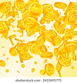 Korean won coins falling. Scattered gold WON coins. Korea money. Global financial crisis concept. Square vector illustration.