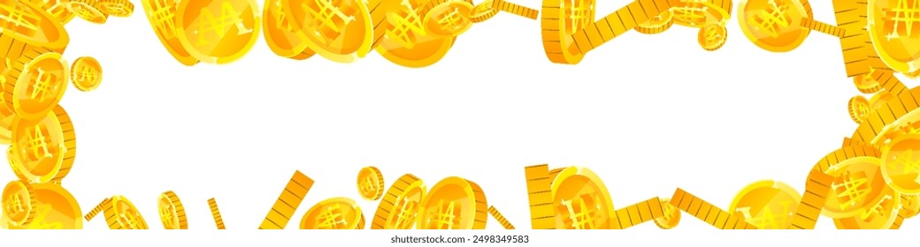Korean won coins falling. Scattered gold WON coins. Korea money. Global financial crisis concept. Panoramic vector illustration.