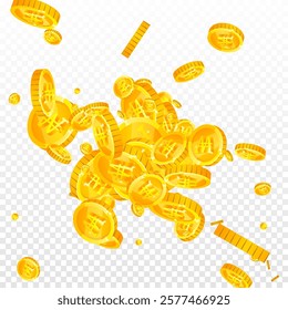 Korean won coins falling. Scattered gold WON coins. Korea money. Global financial crisis concept. Square vector illustration.