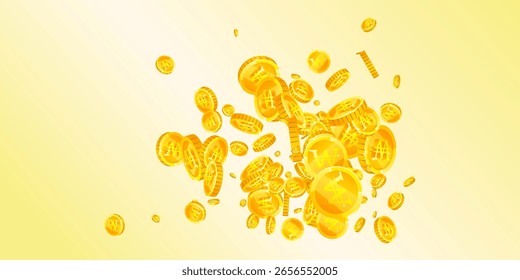 Coreano ganó monedas cayendo. Monedas de oro WON dispersas. Dinero de Corea. Concepto de crisis financiera mundial. Amplia Ilustración vectorial.