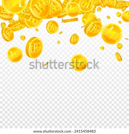 Korean won coins falling. Scattered gold WON coins. Korea money. Great business success concept. Square vector illustration.