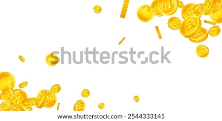 Korean won coins falling. Scattered gold WON coins. Korea money. Jackpot wealth or success concept. Wide vector illustration.