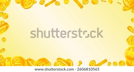 Korean won coins falling. Scattered gold WON coins. Korea money. Jackpot wealth or success concept. Wide vector illustration.
