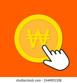 Korean won currency icon. Exchange, buying currency concept. Hand Mouse Cursor Clicks the Button. Pointer Push Press