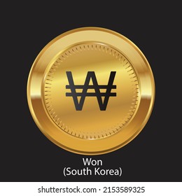 Logo de la moneda coreana WON en moneda de oro.  ilustración vectorial sobre fondo negro aislado. Adecuado para materiales impresos, diseño web, aplicaciones móviles e infografías, afiches, proyectos.