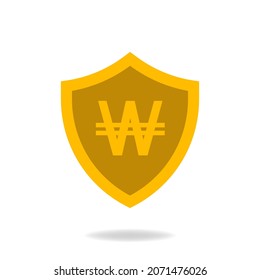 Koreanisch gewann Währungssymbol mit Schild. Money Protection Symbol flach in Goldfarben einzeln. Vektorgrafik