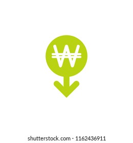 korean won fall vector icon. White sign in green circle with arrow down. Flat icon. Isolated on white. Economy, finance, money symbol. Currency pictogram. Vector illustration.