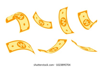 Korean won falling set, animation ready. WON paper notes flying in the air. Cartoon vector illustration.