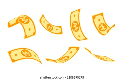 Korean won falling set, animation ready. WON paper notes flying in the air. Korea money in seven different positions isolated on white background. Cartoon vector illustration.