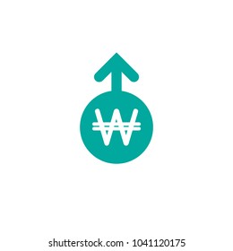 korean won growth vector icon. White  sign in blue circle with arrow up. Flat icon. Isolated on white. Economy, finance, money symbol. Currency pictogram. Vector illustration.