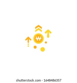 Korean won growth vector icon. gold won coin with up arrows. Flat icon. Isolated on white. Economy, finance, money, investment symbol. Currency pictogram. Vector illustration.