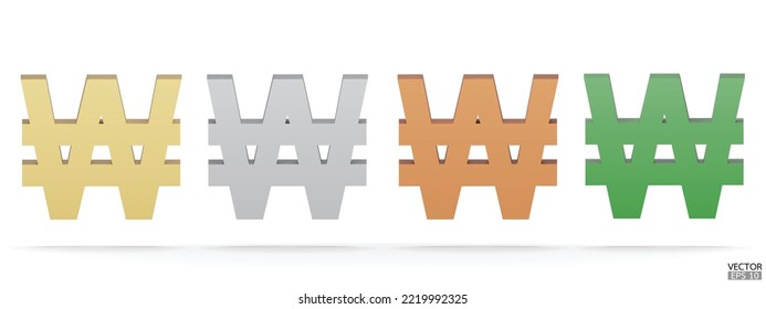 Korean Won icon isolated on white background. Sign of the South Korean Won currency or Won 3D symbol style for app, web, and digital design. 3D Vector illustration.