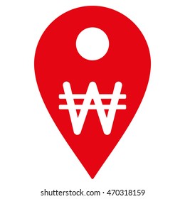 Korean Won Map Marker icon. Vector style is flat iconic symbol with rounded angles, red color, white background.