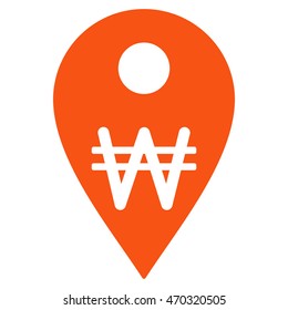 Korean Won Map Marker icon. Vector style is flat iconic symbol with rounded angles, orange color, white background.