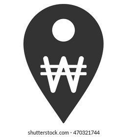 Korean Won Map Marker icon. Vector style is flat iconic symbol with rounded angles, gray color, white background.
