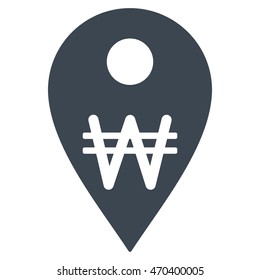 Korean Won Map Marker icon. Vector style is flat iconic symbol with rounded angles, smooth blue color, white background.