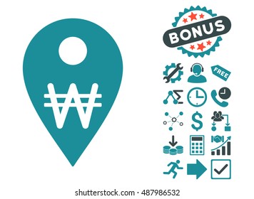 Korean Won Map Marker icon with bonus images. Vector illustration style is flat iconic bicolor symbols, soft blue colors, white background.