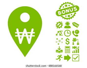 Korean Won Map Marker pictograph with bonus images. Vector illustration style is flat iconic symbols, eco green color, white background.