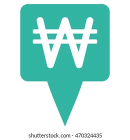 Korean Won Map Pointer icon. Vector style is flat iconic symbol with rounded angles, cyan color, white background.