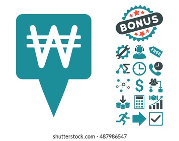 Korean Won Map Pointer icon with bonus elements. Vector illustration style is flat iconic bicolor symbols, soft blue colors, white background.