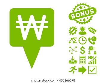 Korean Won Map Pointer icon with bonus symbols. Vector illustration style is flat iconic symbols, eco green color, white background.