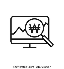 Korean won monitoring. Financial analysis, money research line icon isolated on white background. Vector illustration