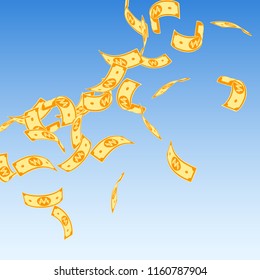 Korean won notes falling. Floating WON bills on blue sky background. Korea money. Dazzling vector illustration. Powerful jackpot, wealth or success concept.