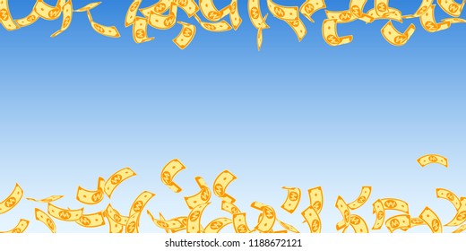 Korean won notes falling. Floating WON bills on blue sky background. Korea money. Delightful vector illustration. Lively jackpot, wealth or success concept.