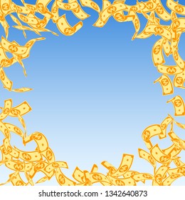 Korean won notes falling. Floating WON bills on blue sky background. Korea money. Decent vector illustration. Charming jackpot, wealth or success concept.