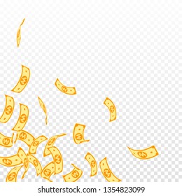 Korean won notes falling. Floating WON bills on transparent background. Korea money. Decent vector illustration. Shapely jackpot, wealth or success concept.