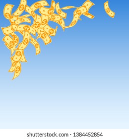 Korean won notes falling. Floating WON bills on blue sky background. Korea money. Delicate vector illustration. Outstanding jackpot, wealth or success concept.