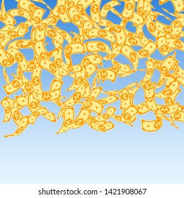 Korean won notes falling. Floating WON bills on blue sky background. Korea money. Delicate vector illustration. Lively jackpot, wealth or success concept.
