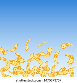 Korean won notes falling. Floating WON bills on blue sky background. Korea money. Decent vector illustration. Flawless jackpot, wealth or success concept.