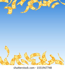 Korean won notes falling. Floating WON bills on blue sky background. Korea money. Cute vector illustration. Surprising jackpot, wealth or success concept.