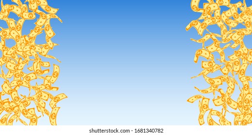 Korean won notes falling. Floating WON bills on blue sky background. Korea money. Delightful vector illustration. Fabulous jackpot, wealth or success concept.