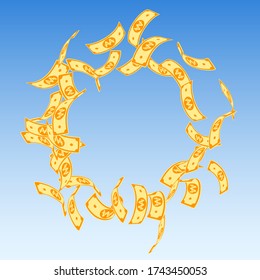 Korean won notes falling. Floating WON bills on blue sky background. Korea money. Decent vector illustration. Eminent jackpot, wealth or success concept.