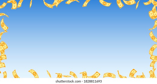 Korean won notes falling. Floating WON bills on blue sky background. Korea money. Delightful vector illustration. Delicate jackpot, wealth or success concept.