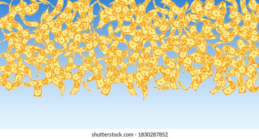 Korean won notes falling. Floating WON bills on blue sky background. Korea money. Delightful vector illustration. Remarkable jackpot, wealth or success concept.